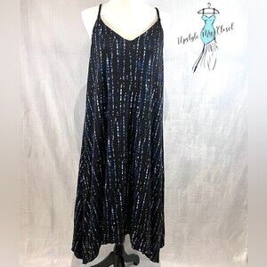 Tahari black and blue abstract print midi shift dress size medium
